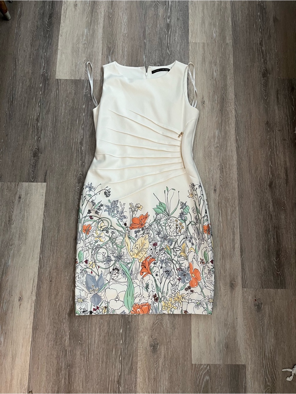 Ivanka Trump Floral Sheath Dress Womens Size 14 Ivory Sleeveless Gold Zipper